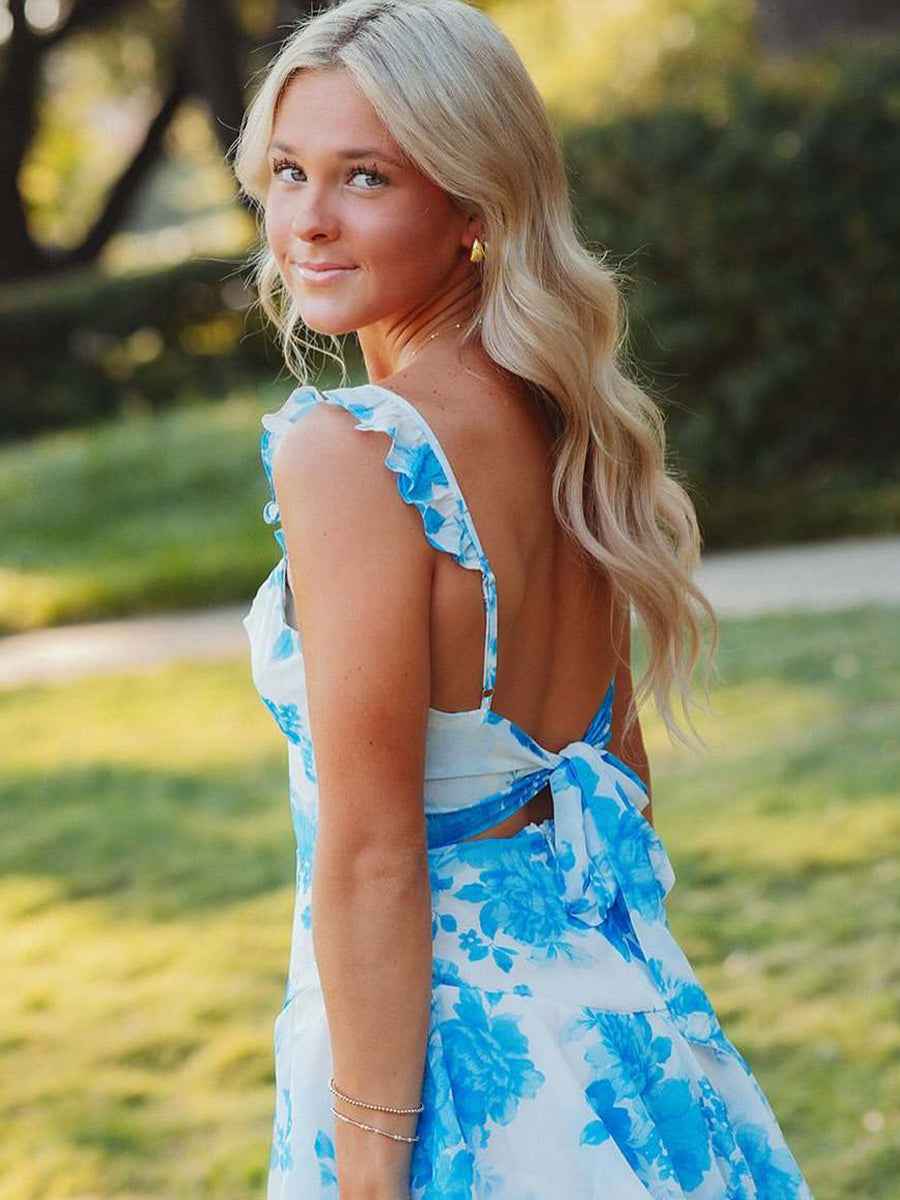 Blue Floral Print A Line Prom Dress With Ruffles And Slit