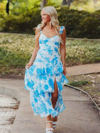 Blue Floral Print A Line Prom Dress With Ruffles And Slit