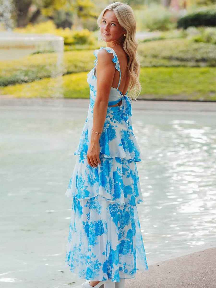 Blue Floral Print A Line Prom Dress With Ruffles And Slit