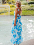 Blue Floral Print A Line Prom Dress With Ruffles And Slit