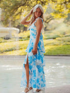 Blue Floral Print A Line Prom Dress With Ruffles And Slit