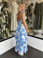 Blue Floral Ruffle Straps A-Line Prom Dress With Slit