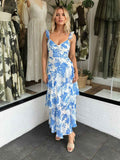 Blue Floral Ruffle Straps A-Line Prom Dress With Slit