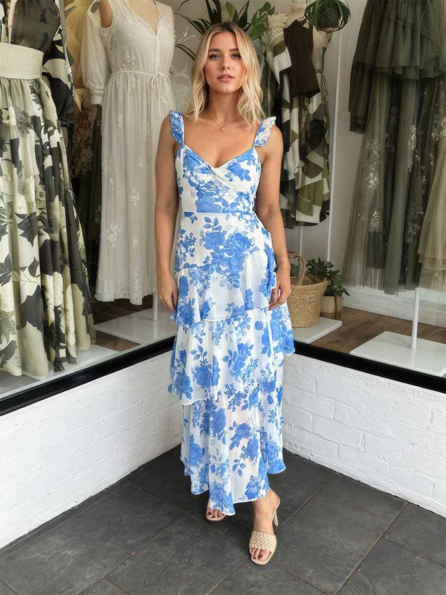 Blue Floral Ruffle Straps A-Line Prom Dress With Slit