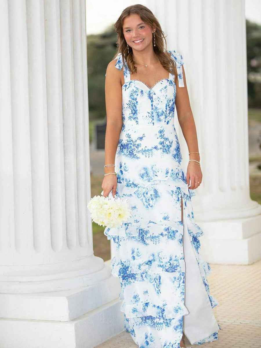 Blue Floral Print A Line Prom Gown With Tiered Skirt And Sweetheart Neckline