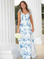 Blue Floral Print A Line Prom Gown With Tiered Skirt And Sweetheart Neckline