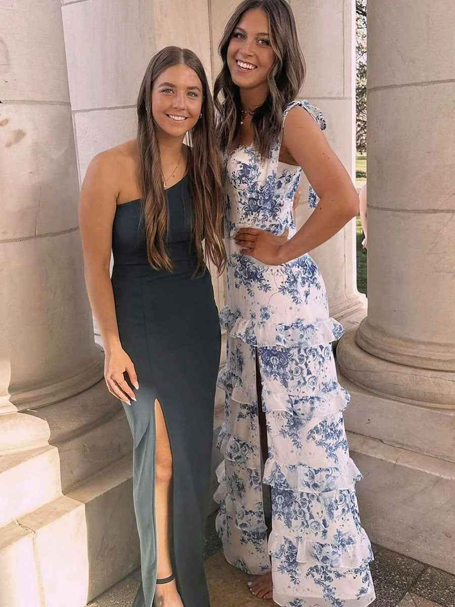 Blue Floral Print A Line Prom Gown With Tiered Skirt And Sweetheart Neckline