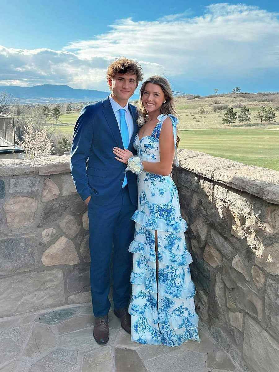 Blue Floral Print A Line Prom Gown With Tiered Skirt And Sweetheart Neckline