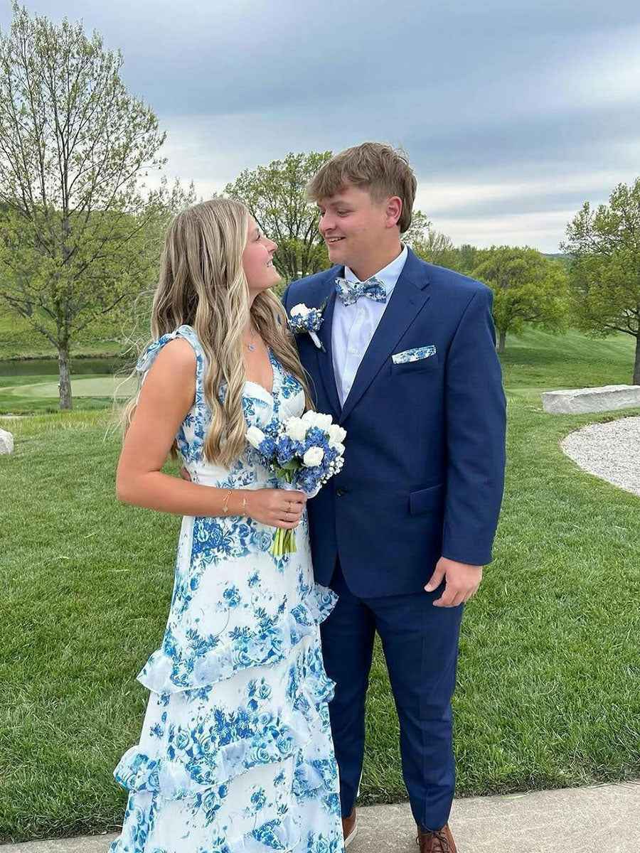 Blue And White Floral Print A Line Tiered Prom Dress With Tie Straps