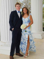 Blue Floral Print A Line Prom Gown With Tiered Skirt And Sweetheart Neckline
