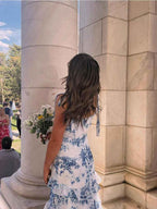 Blue And White Floral Print A Line Tiered Prom Dress With Tie Straps