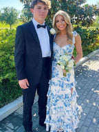 Blue And White Floral Print A Line Tiered Prom Dress With Tie Straps