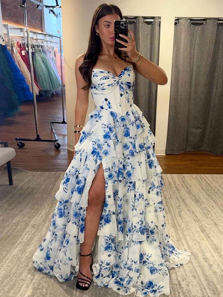 Floral Print A Line Strapless V Neck Long Prom Dress With Tiered Ruffles