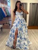 Floral Print A Line Strapless V Neck Long Prom Dress With Tiered Ruffles