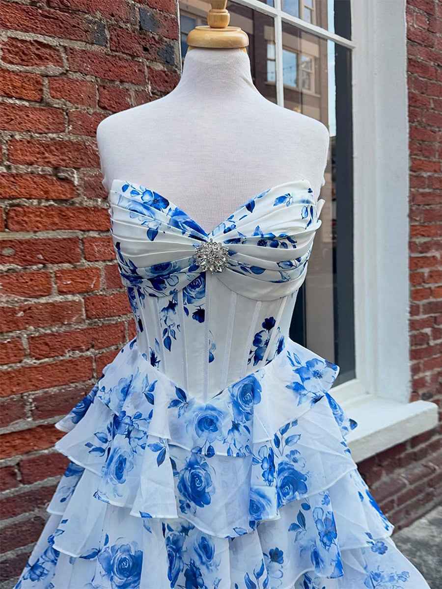Floral Print A Line Strapless V Neck Long Prom Dress With Tiered Ruffles