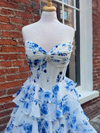 Floral Print A Line Strapless V Neck Long Prom Dress With Tiered Ruffles