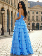 Periwinkle Blue A Line Strapless Long Tiered Ruffle Prom Dress