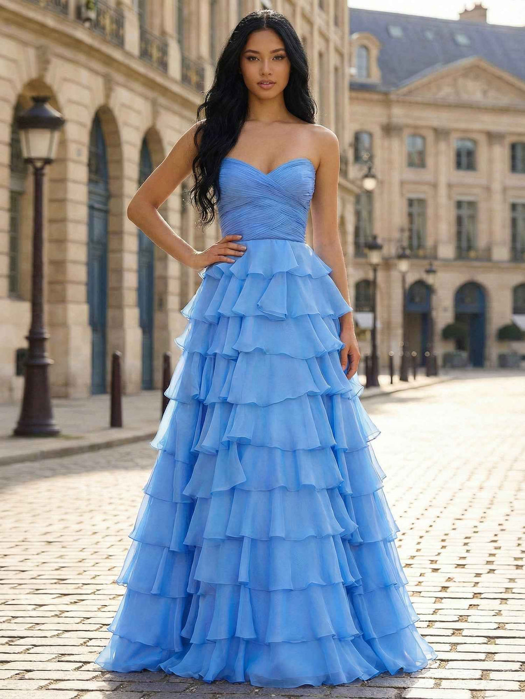 Periwinkle Blue A Line Strapless Long Tiered Ruffle Prom Dress