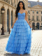 Periwinkle Blue A Line Strapless Long Tiered Ruffle Prom Dress
