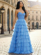 Periwinkle Blue A Line Strapless Long Tiered Ruffle Prom Dress
