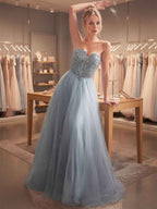 Blue A Line Long Sweetheart Neckline Prom Dress With Sequins And Tulle Skirt