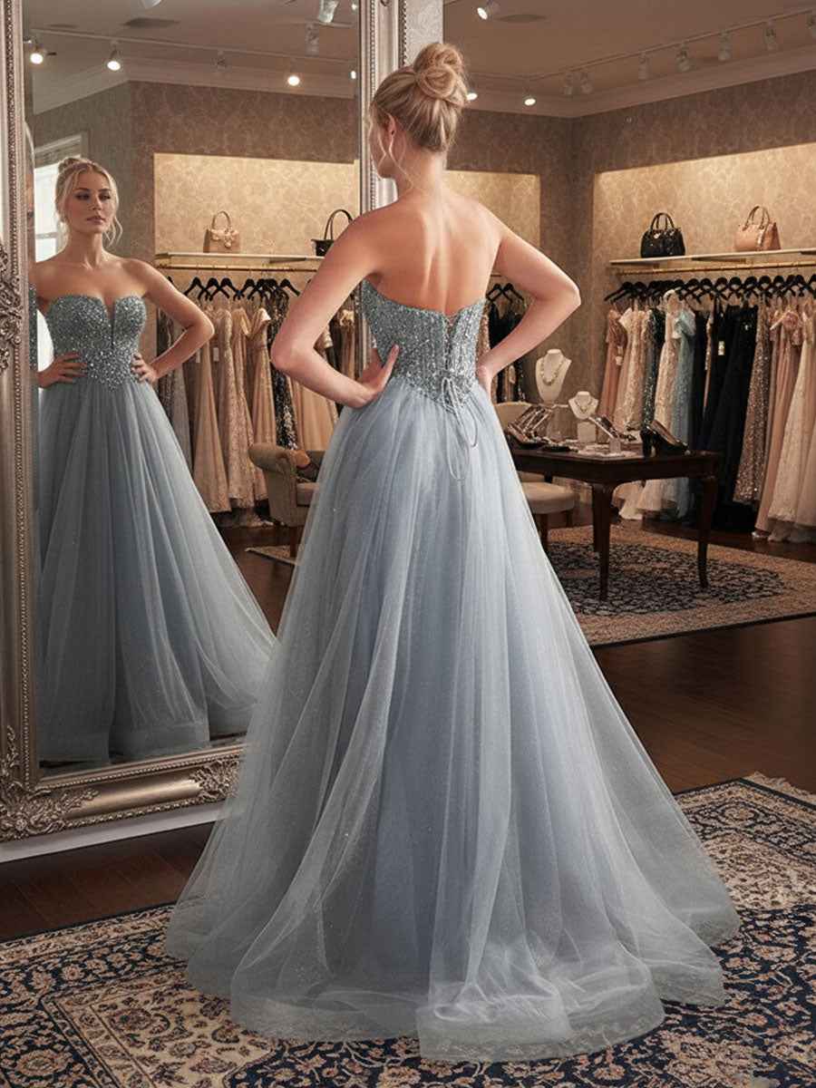 Blue A Line Long Sweetheart Neckline Prom Dress With Sequins And Tulle Skirt