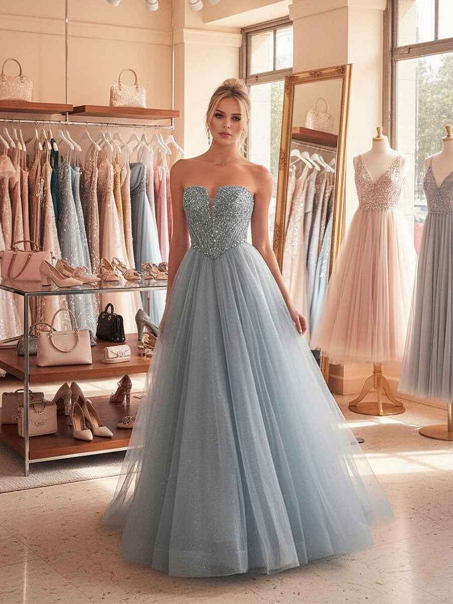Blue A Line Long Sweetheart Neckline Prom Dress With Sequins And Tulle Skirt