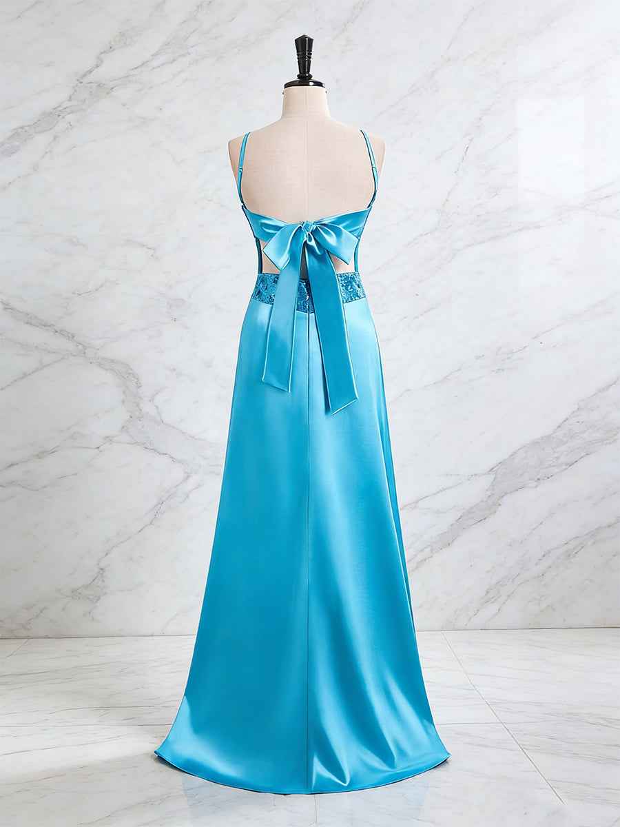 Blue A Line V Neck Beaded Back Tie Long Prom Dress