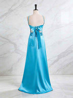 Blue V Neck Beaded Satin A Line Long Prom Dress With 3D Floral Lace