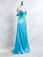 Blue V Neck Beaded Satin A Line Long Prom Dress With 3D Floral Lace