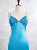 Blue V Neck Beaded Satin A Line Long Prom Dress With 3D Floral Lace