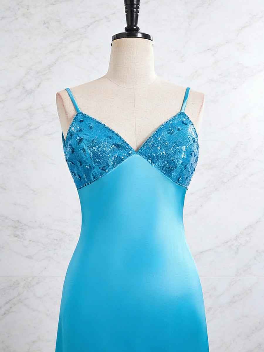 Blue V Neck Beaded Satin A Line Long Prom Dress With 3D Floral Lace