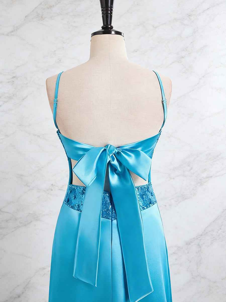 Blue V Neck Beaded Satin A Line Long Prom Dress With 3D Floral Lace