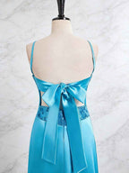 Blue V Neck Beaded Satin A Line Long Prom Dress With 3D Floral Lace