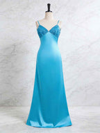 Blue A Line V Neck Beaded Back Tie Long Prom Dress