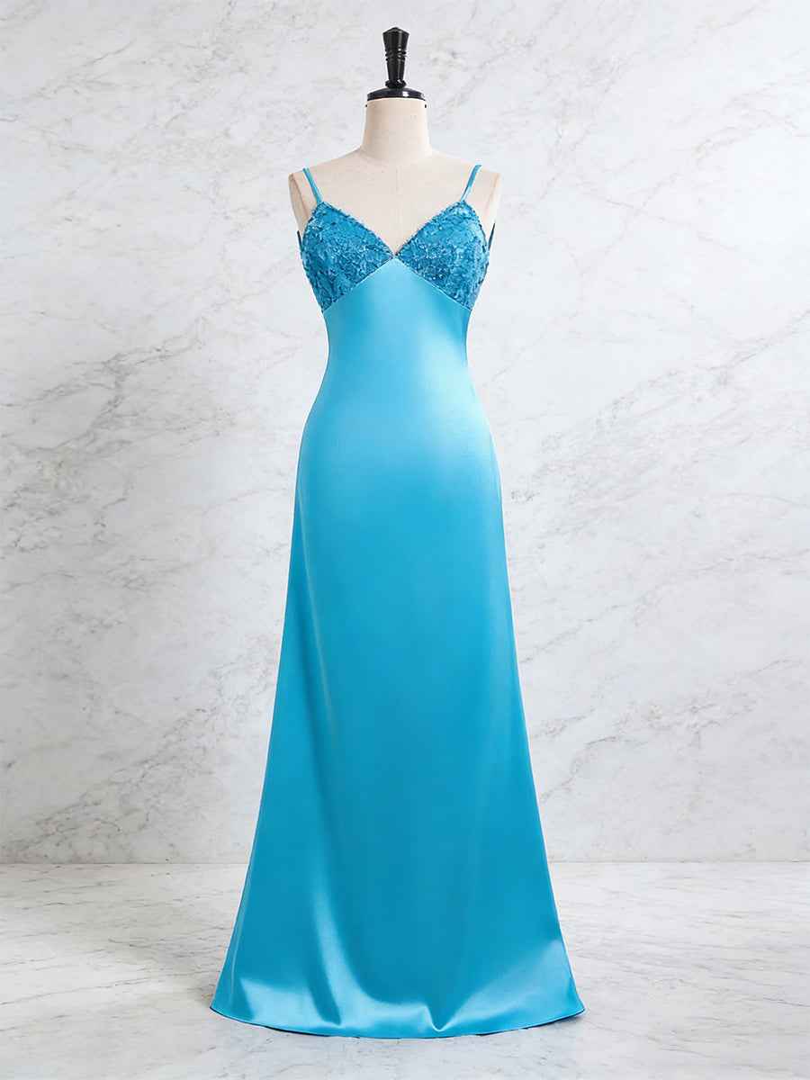 Blue A Line V Neck Beaded Back Tie Long Prom Dress