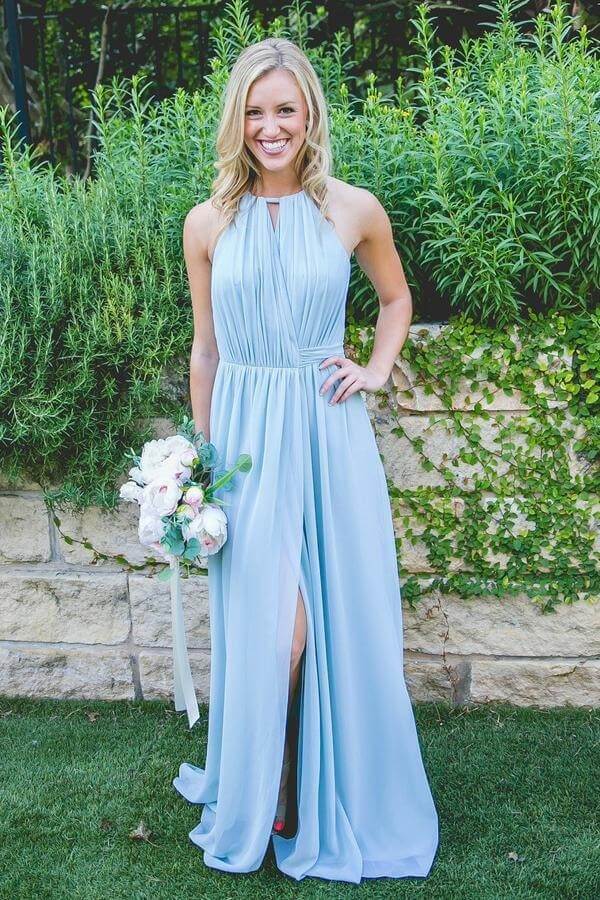 Blue Chiffon A-line Floor-length High Slit Long Bridesmaid Dresses