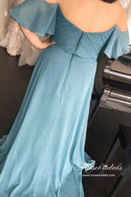 Blue Chiffon Ruched A-line Off-the-Shoulder Long Bridesmaid Dresses