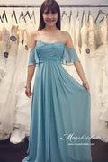 Blue Chiffon Ruched A-line Off-the-Shoulder Long Bridesmaid Dresses
