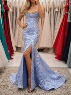 Blue Damask Mermaid Prom Dress With Slit Jacquard Gown