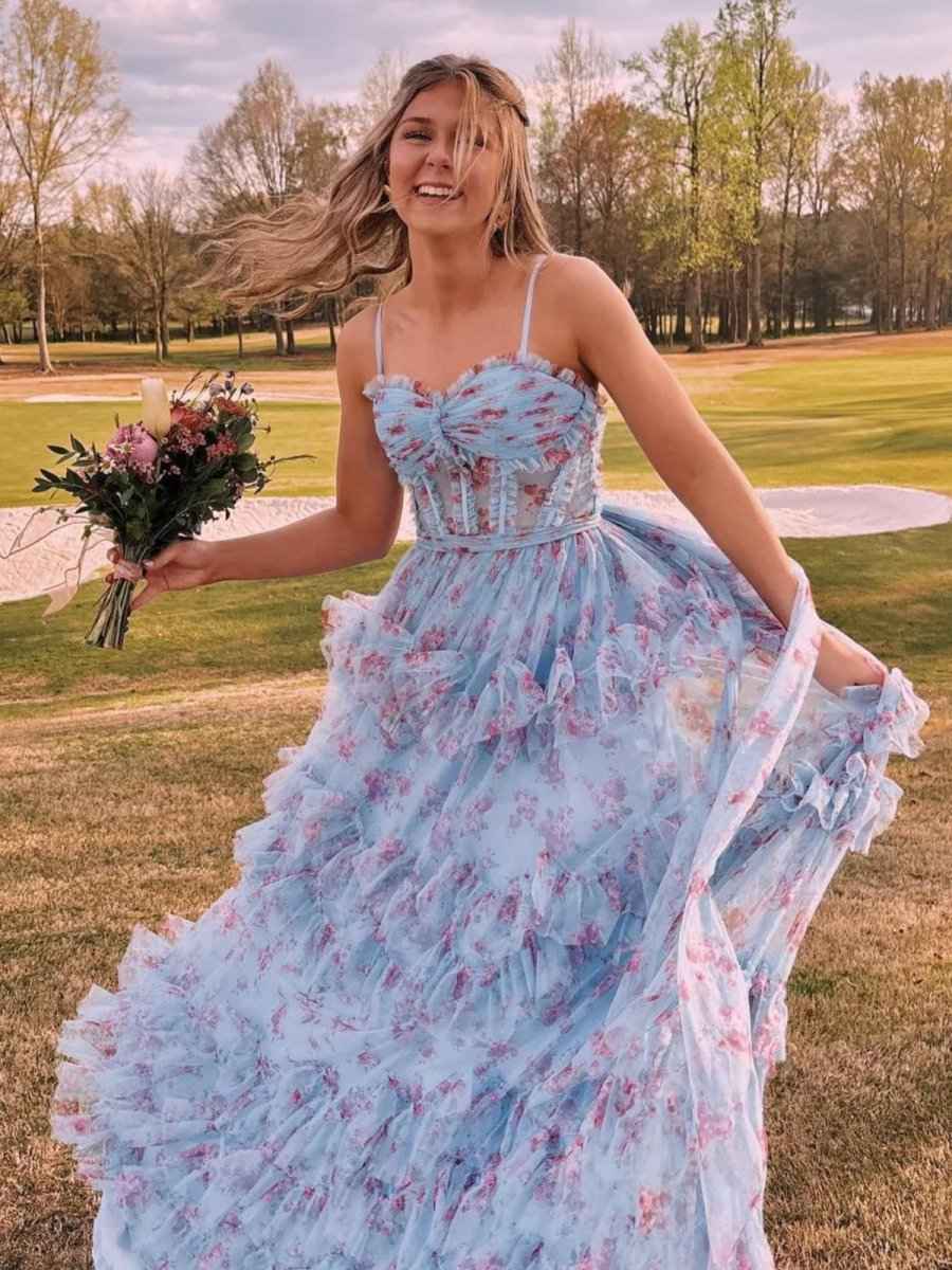 Blue Floral A Line Corset Tulle Long Prom Dress With Ruffles