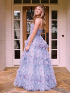 Blue Floral A Line Corset Tulle Long Prom Dress With Ruffles