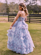 Blue Floral A Line Corset Tulle Long Prom Dress With Ruffles