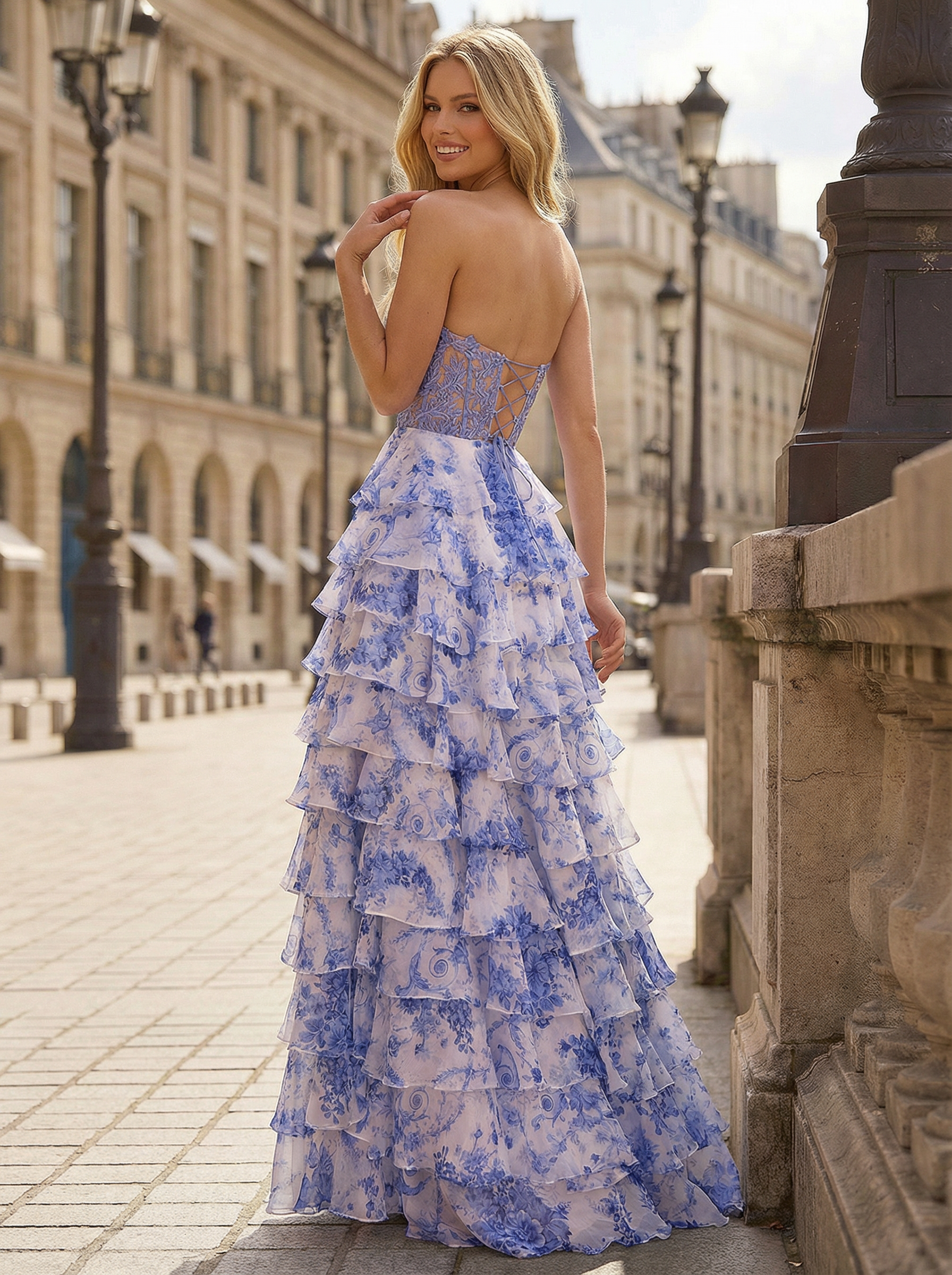 Blue Floral A-Line Sweetheart Corset Ruffle Tiered Prom Dress