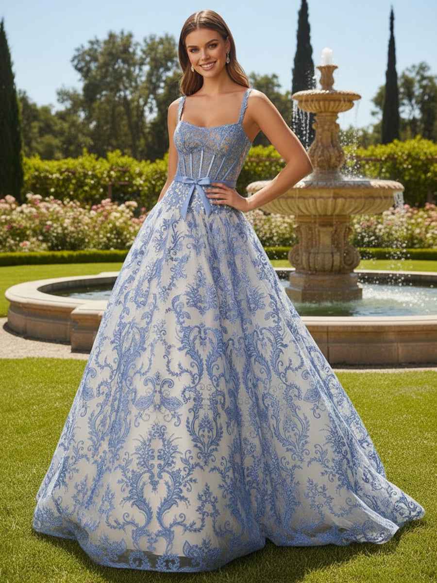 Blue Floral A Line Corset Long Prom Dress With Lace