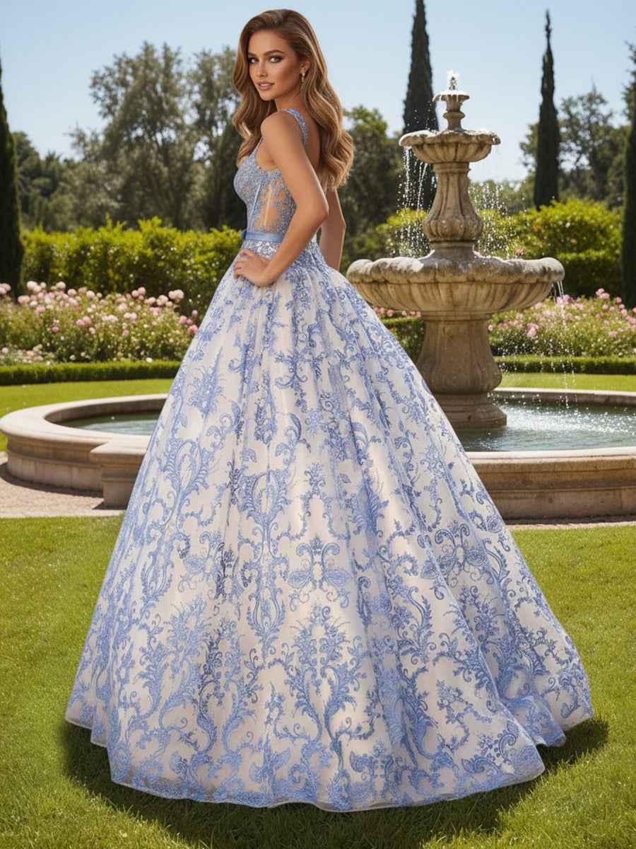Blue Floral A Line Corset Long Prom Dress With Lace
