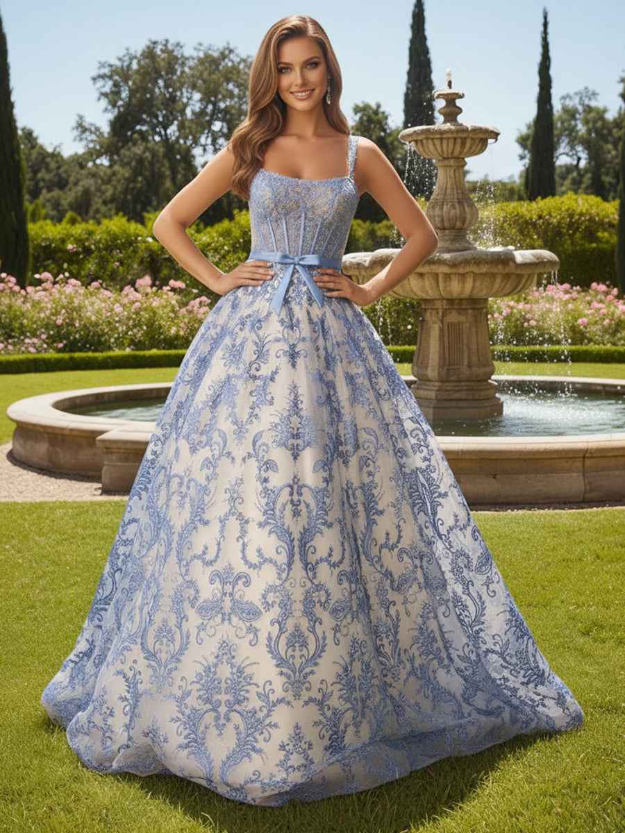 Blue Floral A Line Corset Long Prom Dress With Lace