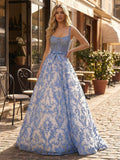 Blue A-Line Baroque Lace Corset Prom Dress With Spaghetti Straps