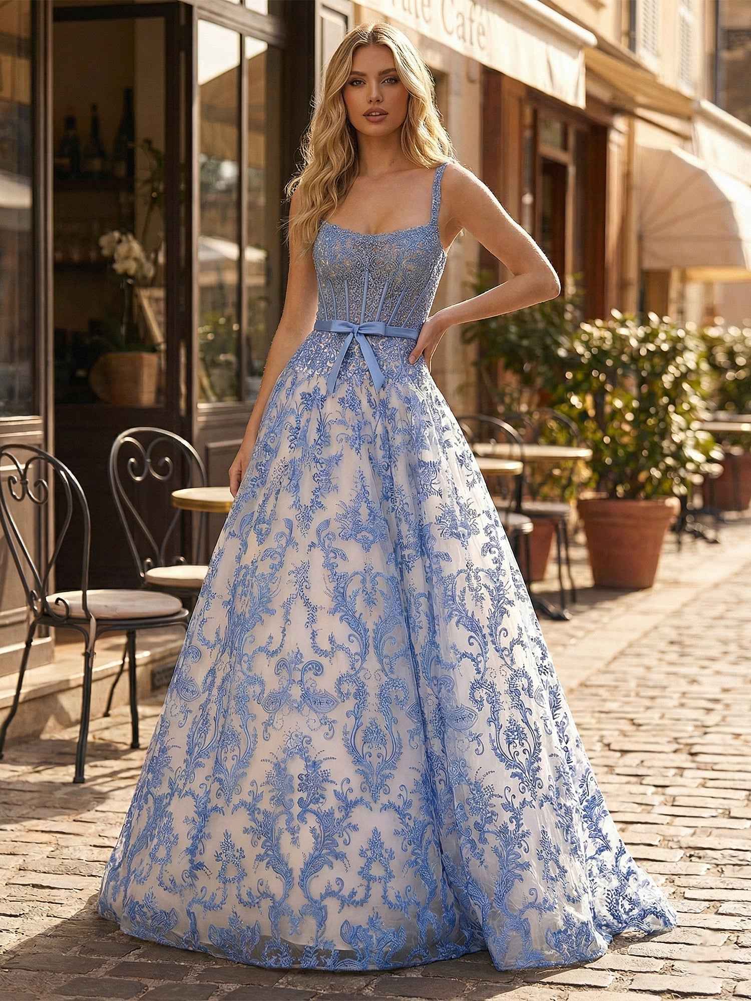 Blue A-Line Baroque Lace Corset Prom Dress With Spaghetti Straps