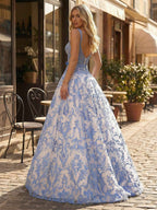 Blue A-Line Baroque Lace Corset Prom Dress With Spaghetti Straps
